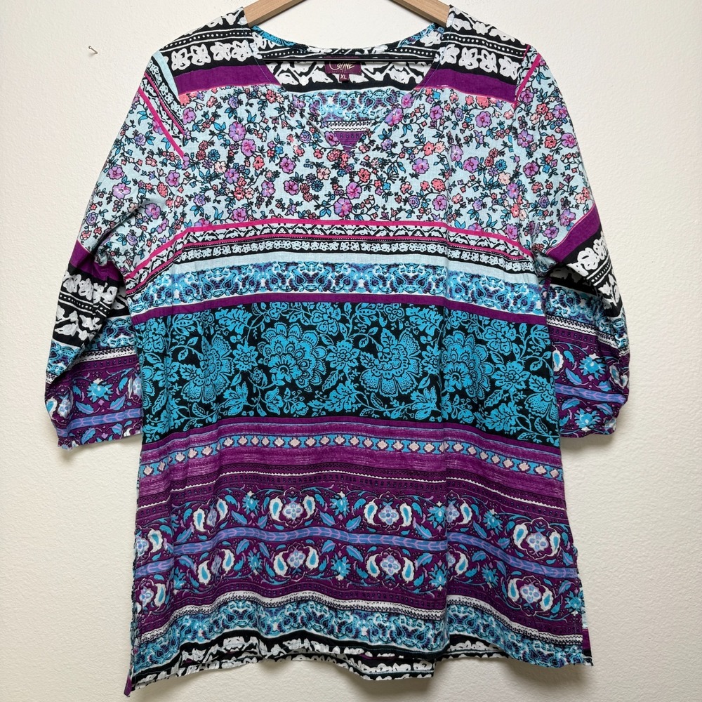 Coline Women Tunic Top XL Multicolor Patchwork Floral V-Neck Half‎ Sleeve Cotton